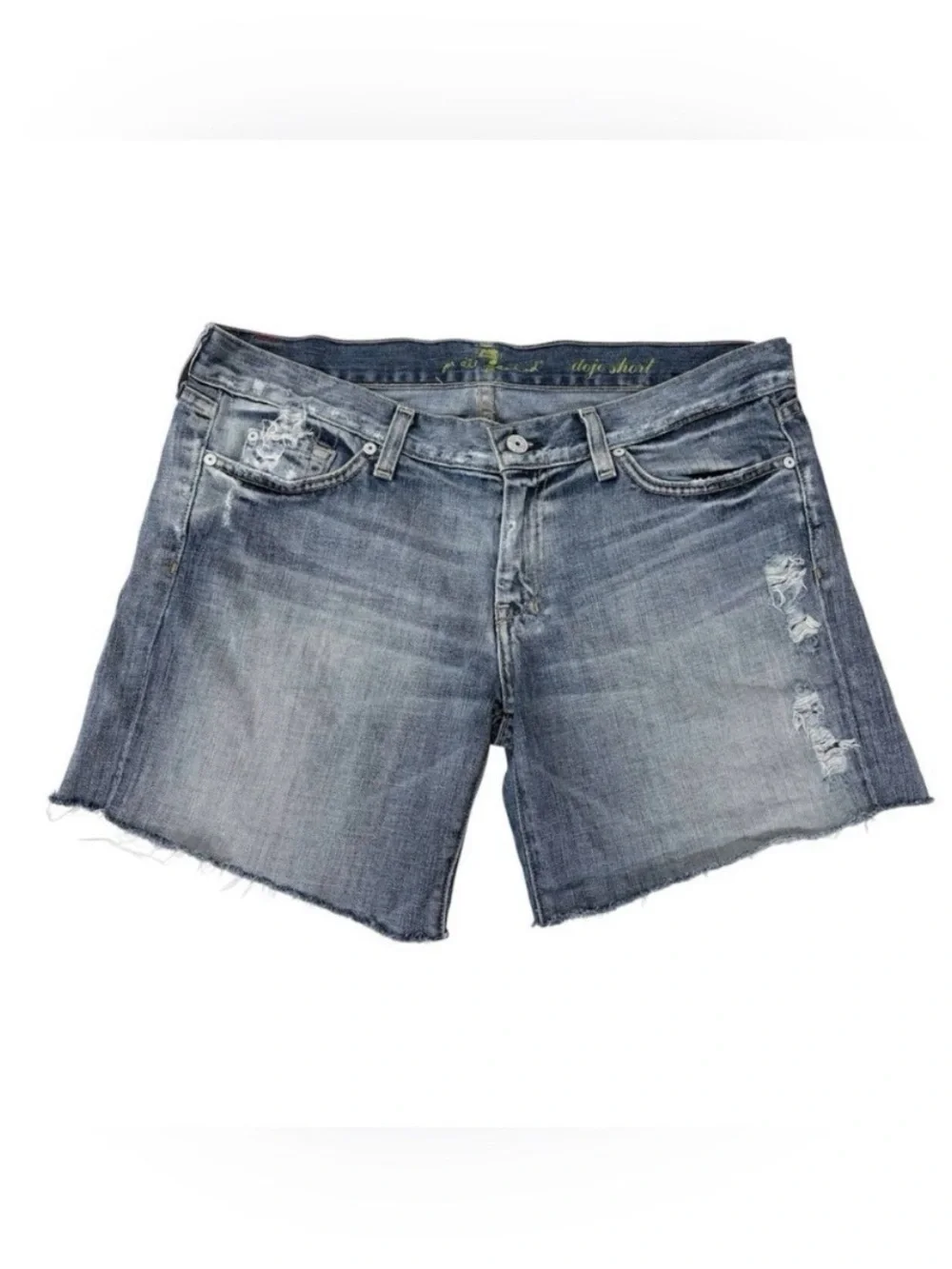 7 For All Mankind Dojo Jean Shorts 32 100% Cotton Distressed Raw Hem Made In USA